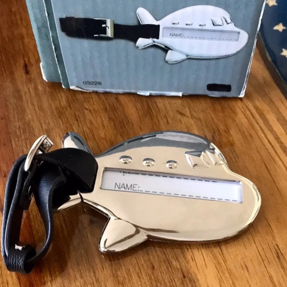 VINTAGE SILVER AIRPLANE LUGGAGE TAG WITH LEATHER STRAP